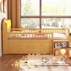 Low Loft Bed with LED Lights, Wooden Twin Loft Bed with House Shape Headboard, Kids Loft Bed with Storage Drawers