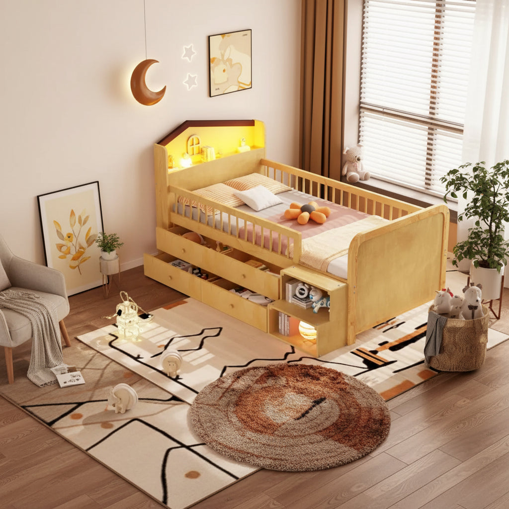 Low Loft Bed with LED Lights, Wooden Twin Loft Bed with House Shape Headboard, Kids Loft Bed with Storage Drawers