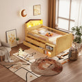 Low Loft Bed with LED Lights, Wooden Twin Loft Bed with House Shape Headboard, Kids Loft Bed with Storage Drawers