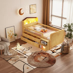 Low Loft Bed with LED Lights, Wooden Twin Loft Bed with House Shape Headboard, Kids Loft Bed with Storage Drawers