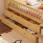 Low Loft Bed with LED Lights, Wooden Twin Loft Bed with House Shape Headboard, Kids Loft Bed with Storage Drawers