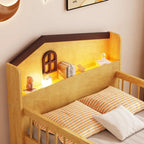 Low Loft Bed with LED Lights, Wooden Twin Loft Bed with House Shape Headboard, Kids Loft Bed with Storage Drawers