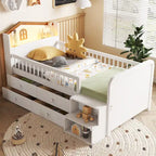Low Loft Bed with LED Lights, Wooden Twin Loft Bed with House Shape Headboard, Kids Loft Bed with Storage Drawers