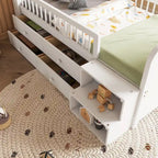 Low Loft Bed with LED Lights, Wooden Twin Loft Bed with House Shape Headboard, Kids Loft Bed with Storage Drawers