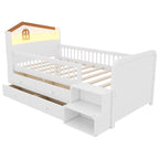 Low Loft Bed with LED Lights, Wooden Twin Loft Bed with House Shape Headboard, Kids Loft Bed with Storage Drawers