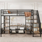 Full Size Metal Loft Bed with Staircase,Low Storage Table and Storage Shelves
