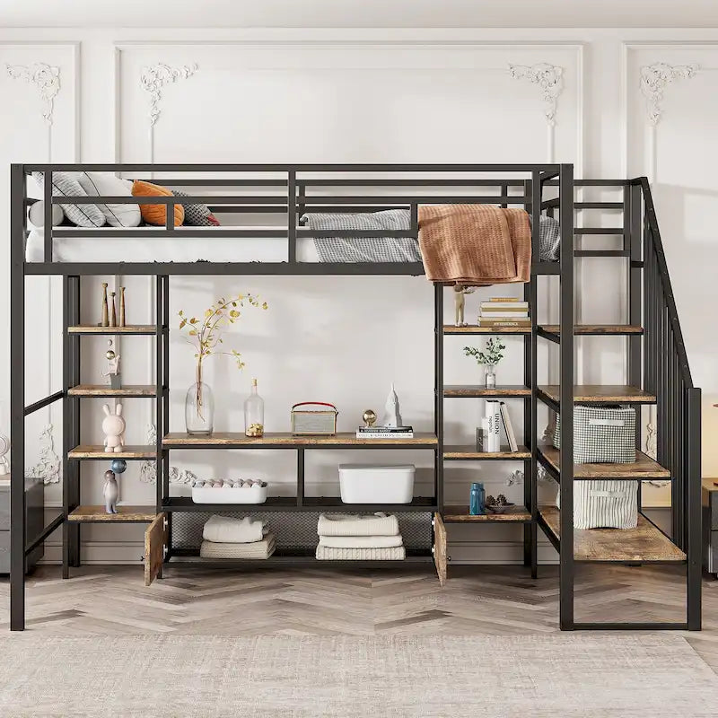 Full Size Metal Loft Bed with Staircase,Low Storage Table and Storage Shelves
