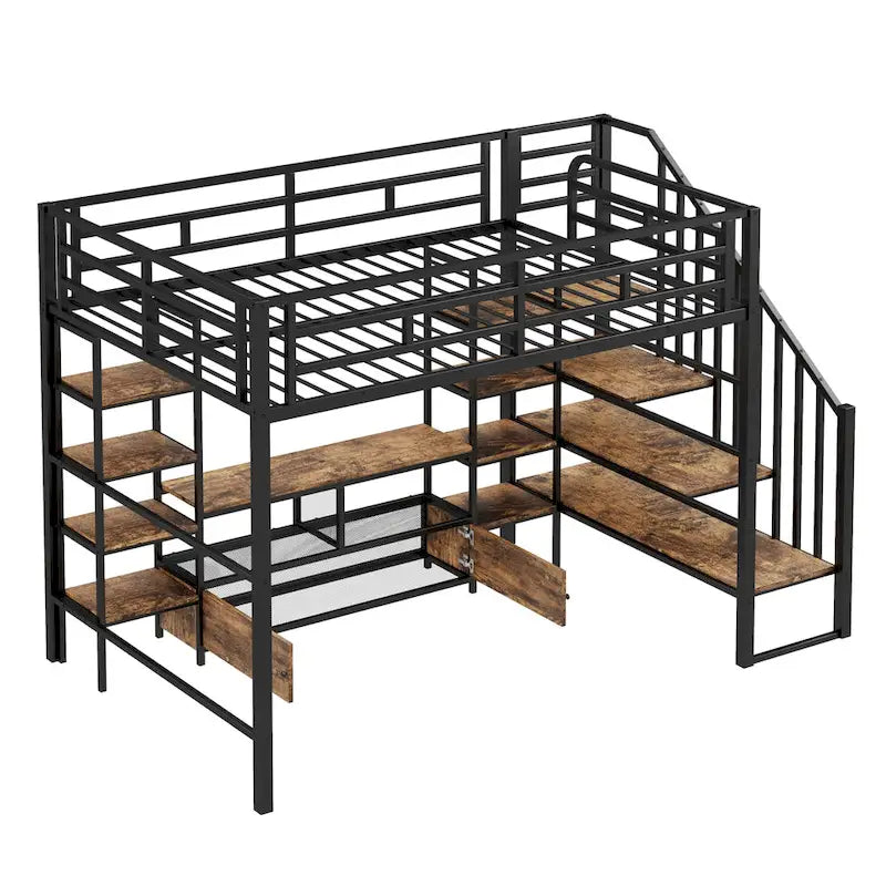 Full Size Metal Loft Bed with Staircase,Low Storage Table and Storage Shelves