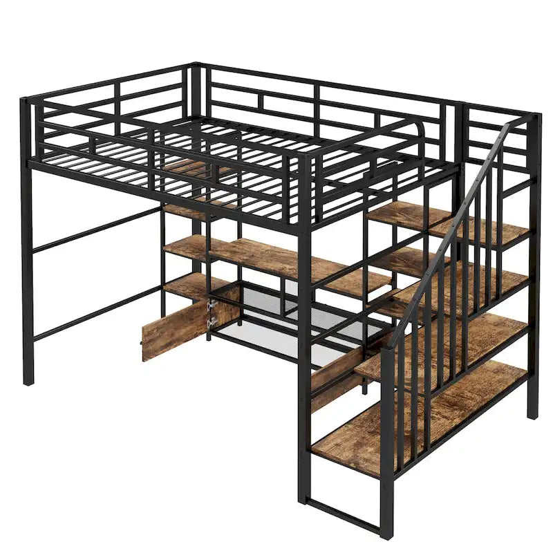 Full Size Metal Loft Bed with Staircase,Low Storage Table and Storage Shelves