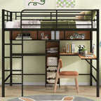 Full Size Metal & Wood Loft Bed with L -Shaped Desk and Shelves