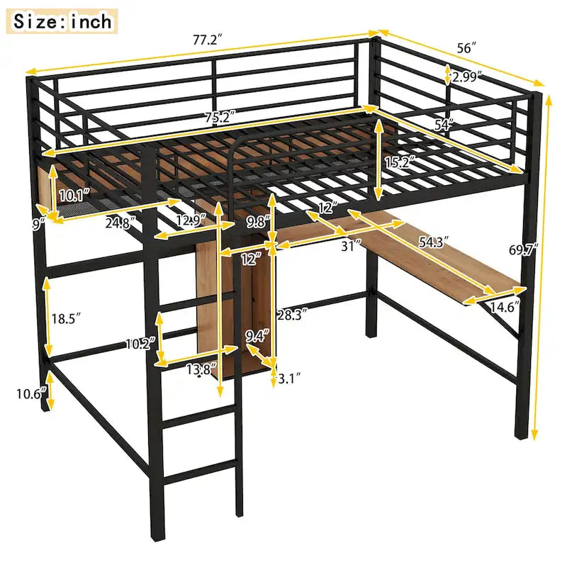 Full Size Metal & Wood Loft Bed with L -Shaped Desk and Shelves