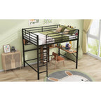 Full Size Metal & Wood Loft Bed with L -Shaped Desk and Shelves