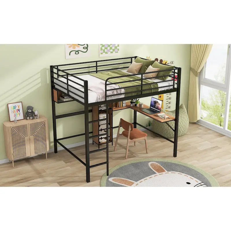 Full Size Metal & Wood Loft Bed with L -Shaped Desk and Shelves