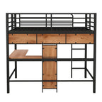 Full Size Metal & Wood Loft Bed with L -Shaped Desk and Shelves