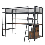 Twin Size Metal Loft Bed with Built-in Work Station, LED and Multiple Storage