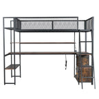 Twin Size Metal Loft Bed with Built-in Work Station, LED and Multiple Storage