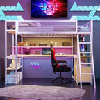 Twin Size Metal Loft Bed with Built-in Work Station, LED and Multiple Storage