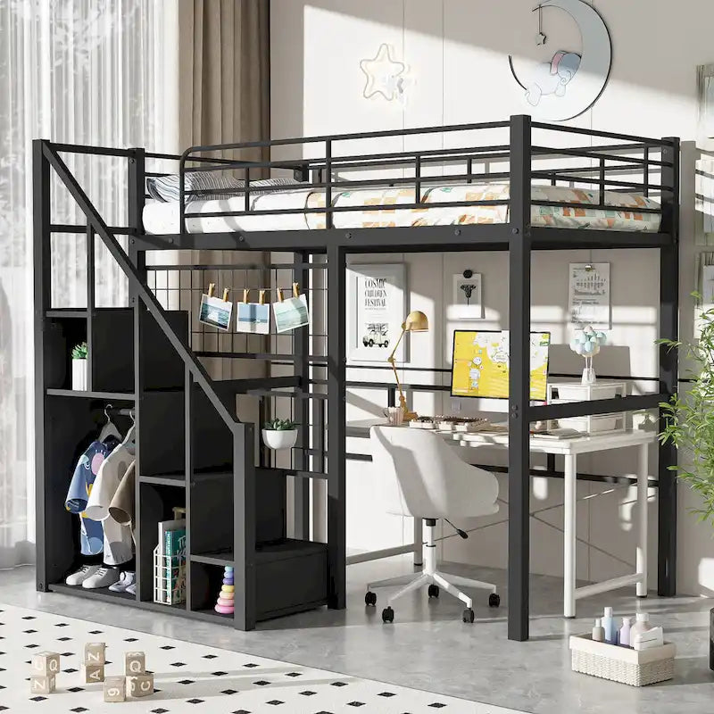 Modern Twin Size Loft Bed with Storage Staircase & Small Wardrobe, Sturdy Metal Loft Bed Frame w/Guardrails for Kids Boys Girls