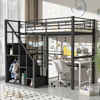 Modern Twin Size Loft Bed with Storage Staircase & Small Wardrobe, Sturdy Metal Loft Bed Frame w/Guardrails for Kids Boys Girls