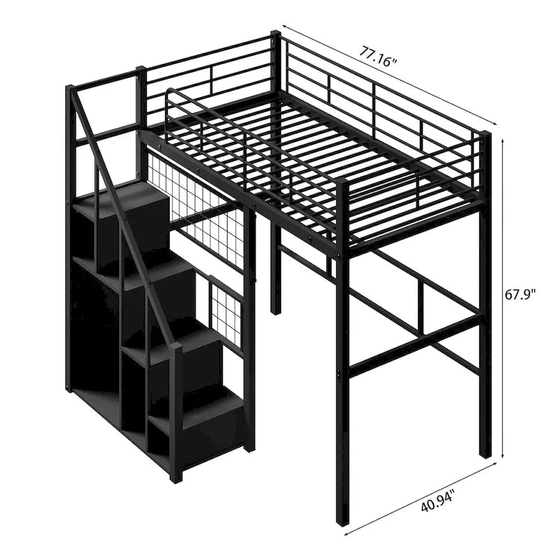 Modern Twin Size Loft Bed with Storage Staircase & Small Wardrobe, Sturdy Metal Loft Bed Frame w/Guardrails for Kids Boys Girls