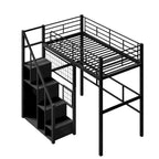Modern Twin Size Loft Bed with Storage Staircase & Small Wardrobe, Sturdy Metal Loft Bed Frame w/Guardrails for Kids Boys Girls