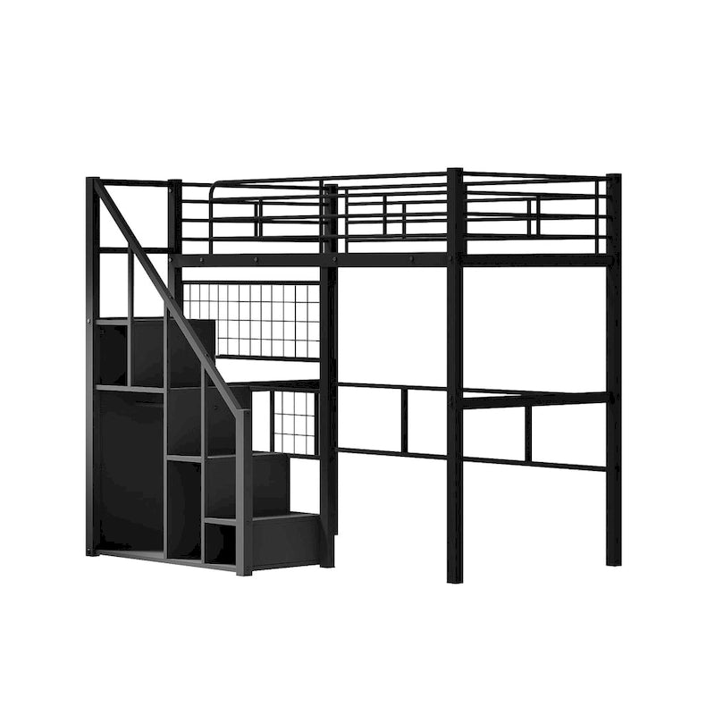 Modern Twin Size Loft Bed with Storage Staircase & Small Wardrobe, Sturdy Metal Loft Bed Frame w/Guardrails for Kids Boys Girls