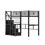Modern Twin Size Loft Bed with Storage Staircase & Small Wardrobe, Sturdy Metal Loft Bed Frame w/Guardrails for Kids Boys Girls