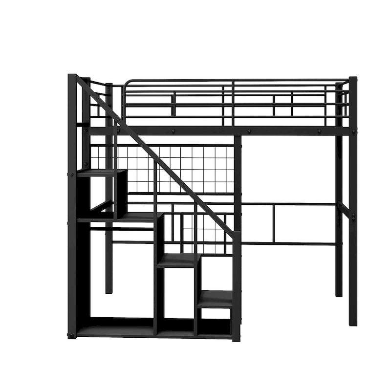 Modern Twin Size Loft Bed with Storage Staircase & Small Wardrobe, Sturdy Metal Loft Bed Frame w/Guardrails for Kids Boys Girls