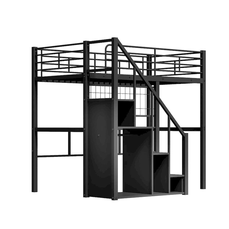 Modern Twin Size Loft Bed with Storage Staircase & Small Wardrobe, Sturdy Metal Loft Bed Frame w/Guardrails for Kids Boys Girls