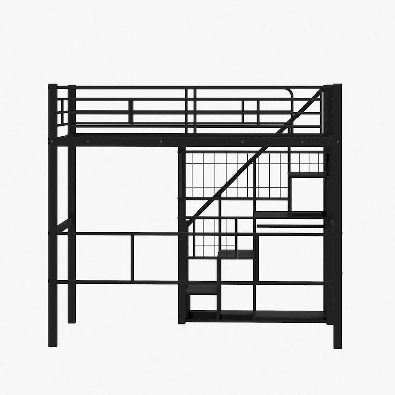 Modern Twin Size Loft Bed with Storage Staircase & Small Wardrobe, Sturdy Metal Loft Bed Frame w/Guardrails for Kids Boys Girls