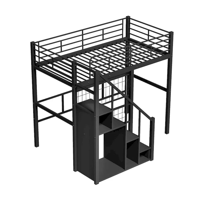 Modern Twin Size Loft Bed with Storage Staircase & Small Wardrobe, Sturdy Metal Loft Bed Frame w/Guardrails for Kids Boys Girls