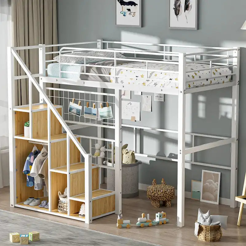 Modern Twin Size Loft Bed with Storage Staircase & Small Wardrobe, Sturdy Metal Loft Bed Frame w/Guardrails for Kids Boys Girls