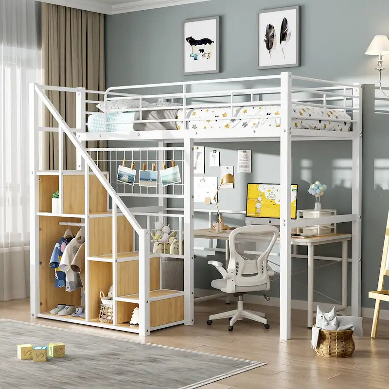 Modern Twin Size Loft Bed with Storage Staircase & Small Wardrobe, Sturdy Metal Loft Bed Frame w/Guardrails for Kids Boys Girls