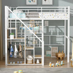 Modern Twin Size Loft Bed with Storage Staircase & Small Wardrobe, Sturdy Metal Loft Bed Frame w/Guardrails for Kids Boys Girls