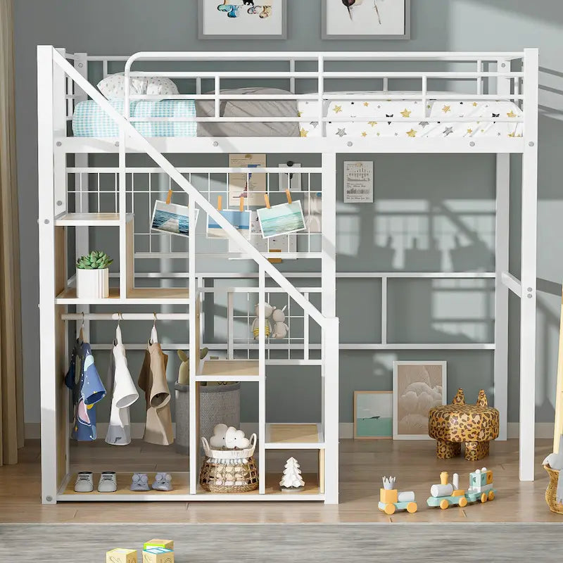 Modern Twin Size Loft Bed with Storage Staircase & Small Wardrobe, Sturdy Metal Loft Bed Frame w/Guardrails for Kids Boys Girls