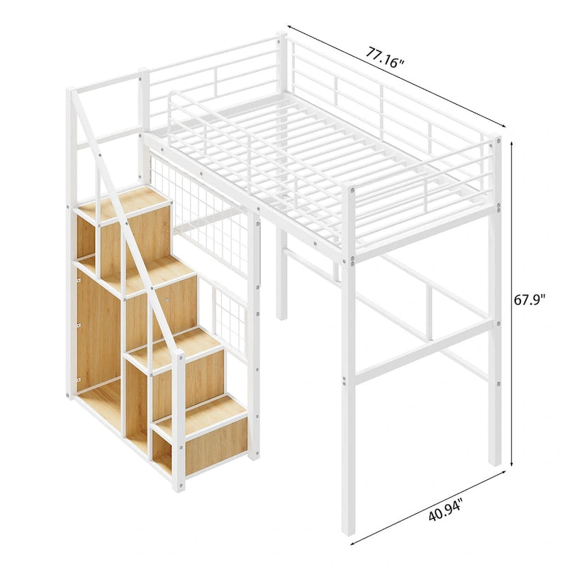 Modern Twin Size Loft Bed with Storage Staircase & Small Wardrobe, Sturdy Metal Loft Bed Frame w/Guardrails for Kids Boys Girls