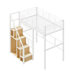 Modern Twin Size Loft Bed with Storage Staircase & Small Wardrobe, Sturdy Metal Loft Bed Frame w/Guardrails for Kids Boys Girls