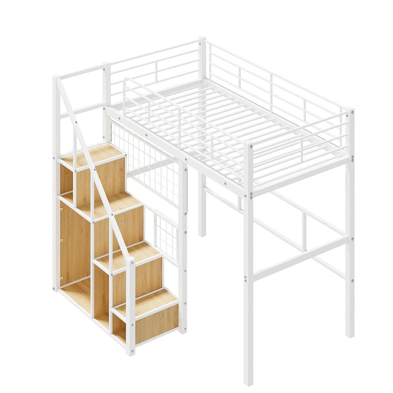 Modern Twin Size Loft Bed with Storage Staircase & Small Wardrobe, Sturdy Metal Loft Bed Frame w/Guardrails for Kids Boys Girls
