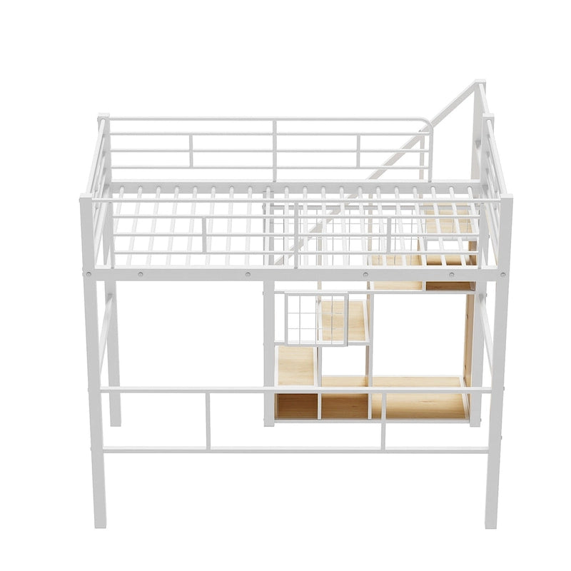 Modern Twin Size Loft Bed with Storage Staircase & Small Wardrobe, Sturdy Metal Loft Bed Frame w/Guardrails for Kids Boys Girls