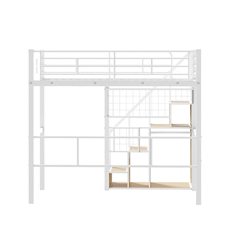 Modern Twin Size Loft Bed with Storage Staircase & Small Wardrobe, Sturdy Metal Loft Bed Frame w/Guardrails for Kids Boys Girls