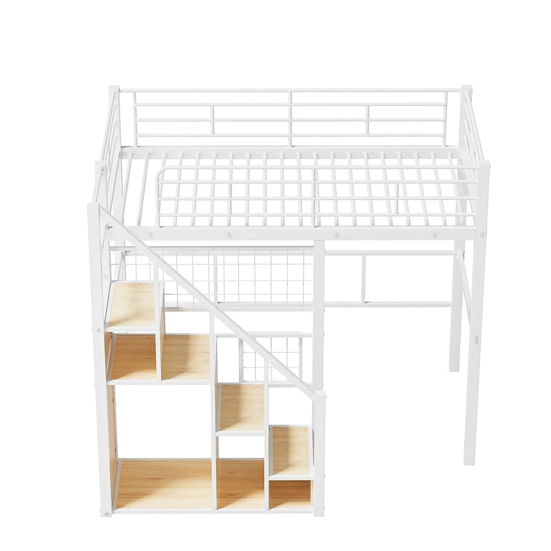 Modern Twin Size Loft Bed with Storage Staircase & Small Wardrobe, Sturdy Metal Loft Bed Frame w/Guardrails for Kids Boys Girls
