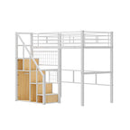 Modern Twin Size Loft Bed with Storage Staircase & Small Wardrobe, Sturdy Metal Loft Bed Frame w/Guardrails for Kids Boys Girls