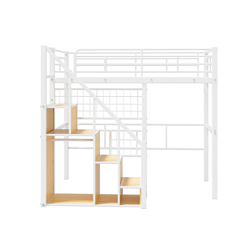 Modern Twin Size Loft Bed with Storage Staircase & Small Wardrobe, Sturdy Metal Loft Bed Frame w/Guardrails for Kids Boys Girls