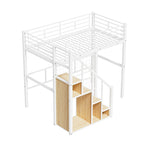 Modern Twin Size Loft Bed with Storage Staircase & Small Wardrobe, Sturdy Metal Loft Bed Frame w/Guardrails for Kids Boys Girls