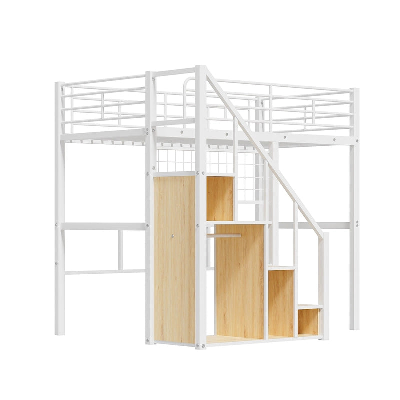 Modern Twin Size Loft Bed with Storage Staircase & Small Wardrobe, Sturdy Metal Loft Bed Frame w/Guardrails for Kids Boys Girls