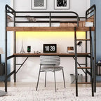 Metal Loft Bed with Desk, LED Lights & USB Charging Station, Loft Bed Frame with Safety Guardrails