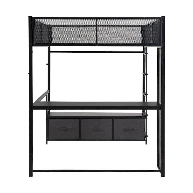 Full Size Metal Gaming Loft Bed with 16-Color LED, Study Desk & 3 Storage Drawers (400lb Capacity)