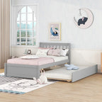 Grey Twin Platform Bed in Walnut Wood with Trundle and Fence Headboard - Modern Space-Saving Design