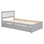 Grey Twin Platform Bed in Walnut Wood with Trundle and Fence Headboard - Modern Space-Saving Design