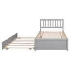Grey Twin Platform Bed in Walnut Wood with Trundle and Fence Headboard - Modern Space-Saving Design
